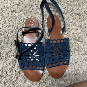 Navy suede cutout sandals